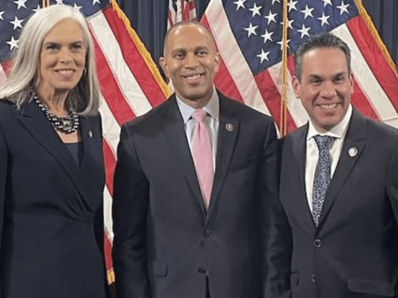 Rep. Katherine Clark (Minority Whip) (L), Rep. Hakeem Jeffries (Minority Leader)(C) and Pete Aguilar (Democratic Caucus Chairman) (R) soon after their election as the House Democratic Leadership.