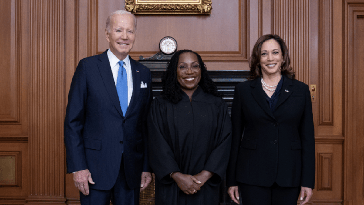 President Joe Biden, Supreme Court Justice Ketanji Brown Jackson and Vice President Kamala Harris.