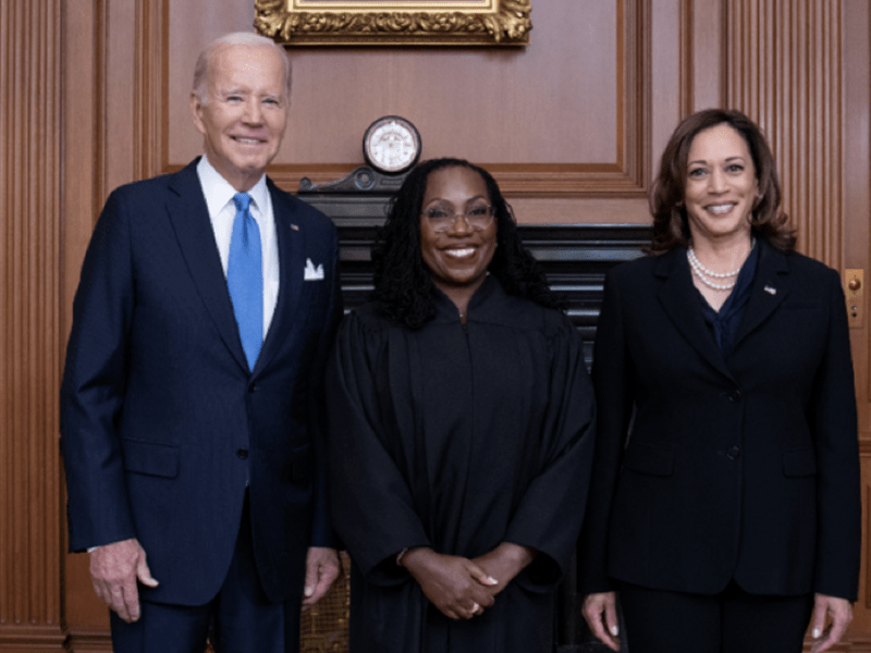 President Joe Biden, Supreme Court Justice Ketanji Brown Jackson and Vice President Kamala Harris.