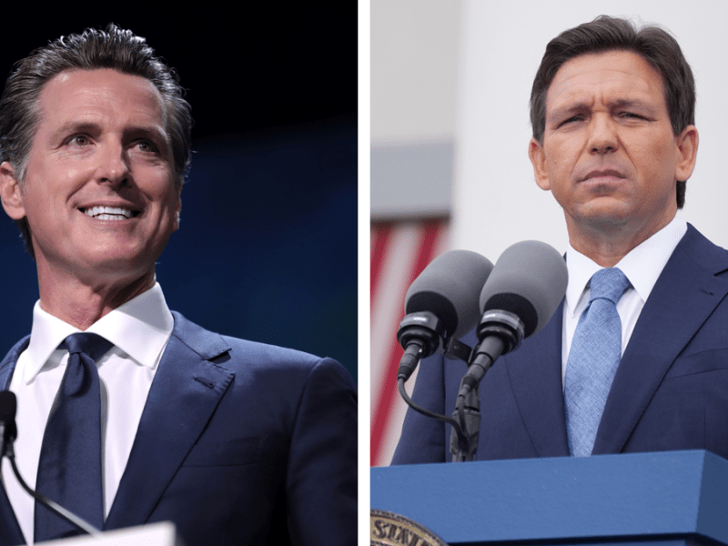 California Gov. Gavin Newsom and his Florida counterpart Ron De Santis. The two governors, believed to be 2024 presidential opponents, have been taking shots at each other over their response to the Covid-19 pandemic.