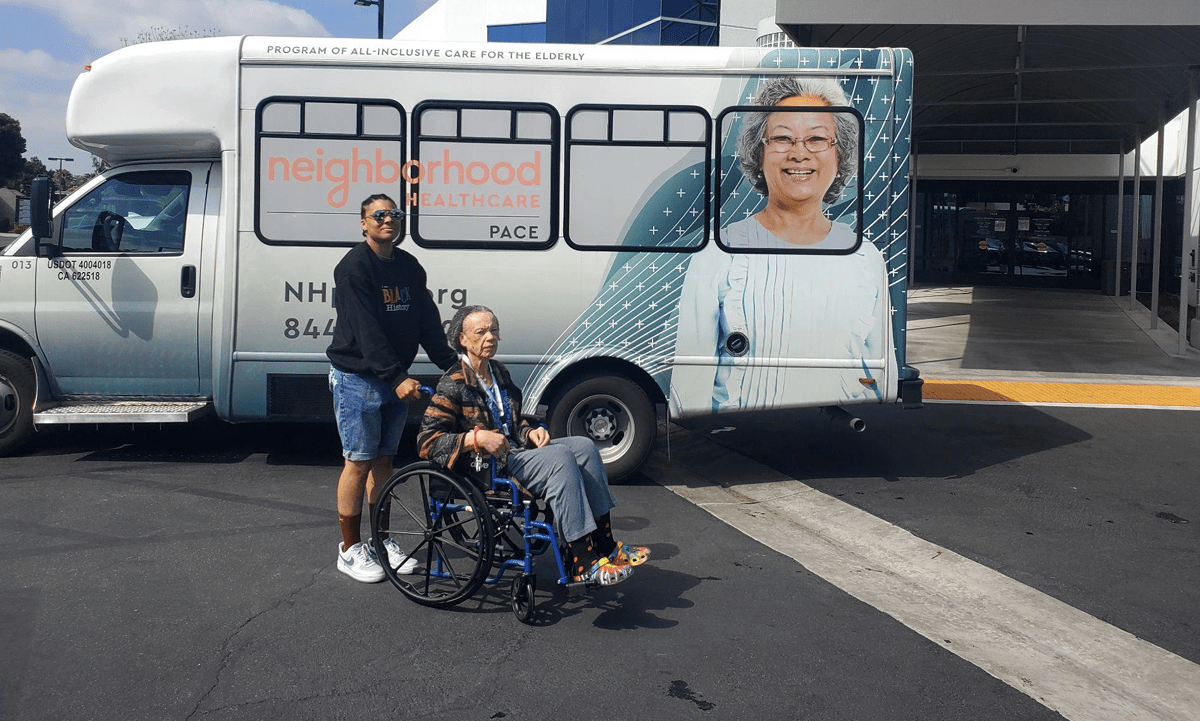 Tiffany Ball (left) and her grandmother, Cathy Teague (right) pose for a picture taken by Brittany Ball during their visit to the PACE day center in Riverside, CA on May 1, 2024. “The day center was awesome,” Brittany said in an email. She said the campus has dieticians on site, assisted showering, activity rooms and a kitchen where care receivers can learn to make simple meals.