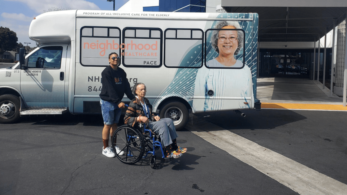 Tiffany Ball (left) and her grandmother, Cathy Teague (right) pose for a picture taken by Brittany Ball during their visit to the PACE day center in Riverside, CA on May 1, 2024. “The day center was awesome,” Brittany said in an email. She said the campus has dieticians on site, assisted showering, activity rooms and a kitchen where care receivers can learn to make simple meals.