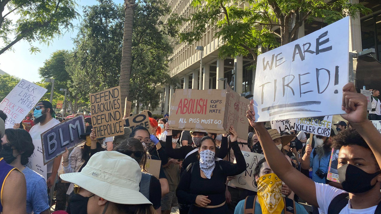 Demonstrators gather at Grand Park in Los Angeles, CA on June 3, 2020 to protest police brutality, defend Black Lives and call for the removal of former Los Angeles County District Attorney Jackie Lacey.