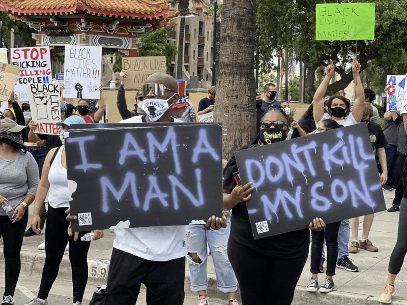 Protestors gather in downtown Riverside in the wake of the murder of 46-year-old George Floyd, who was killed by Derek Chauvin, a white Minneapolis police officer. Chauvin kneeled on Floyd’s neck for nine minutes and 29 seconds on May 25, 2020.