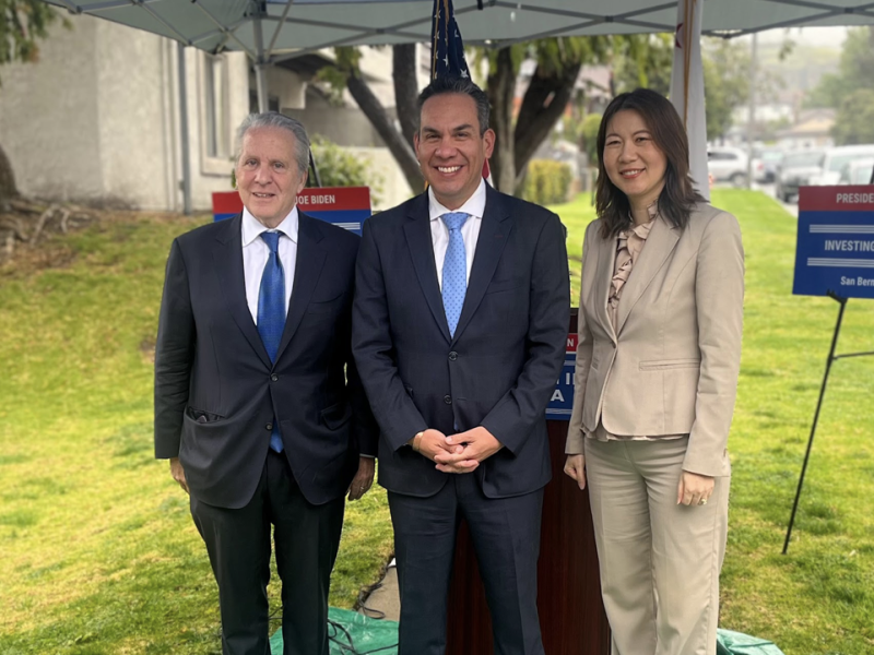 (L) Gene Sperling, White House American Rescue Plan Coordinator, (C) Rep. Pete Aguilar (D-CA), and (R) Amy Tong, Cali)fornia Secretary of Government Operations attended the “Investing in America” tour that made its final stop in San Bernardino, CA.