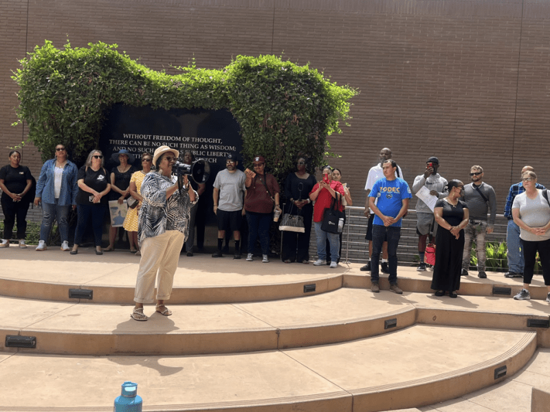 Community leaders gathered at Riverside City Hall last week to protest the city’s crime-free housing policies.