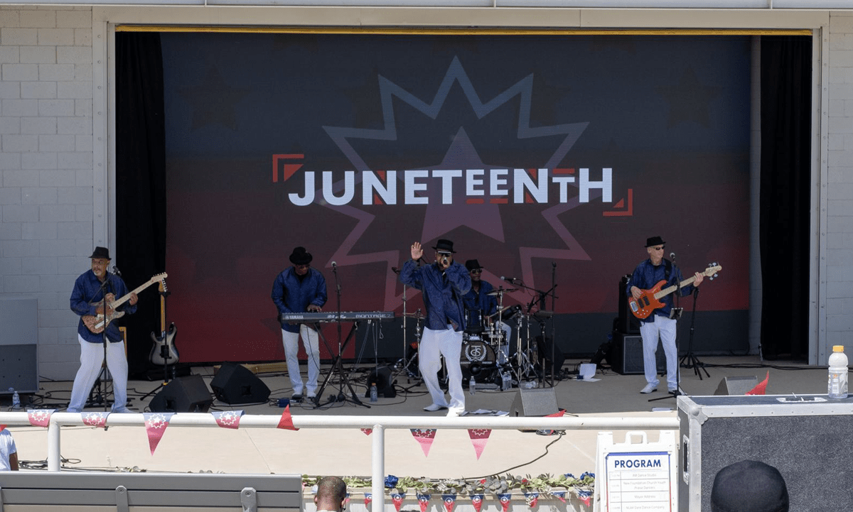 The Groove Squad performs during the Moreno Valley Juneteenth celebration at the Civic Center Amphitheater on June 15, 2023. (Aryana Noroozi for Black Voice News / CatchLight Local)