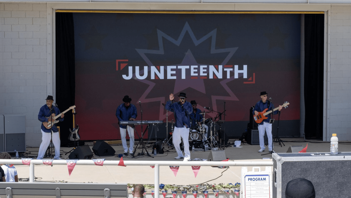 The Groove Squad performs during the Moreno Valley Juneteenth celebration at the Civic Center Amphitheater on June 15, 2023. (Aryana Noroozi for Black Voice News / CatchLight Local)