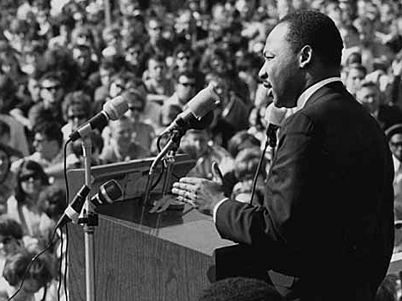 Civil rights leader Martin Luther King Jr. speaks to an anti-Vietnam War rally at the University of Minnesota in St. Paul on April 27, 1967.