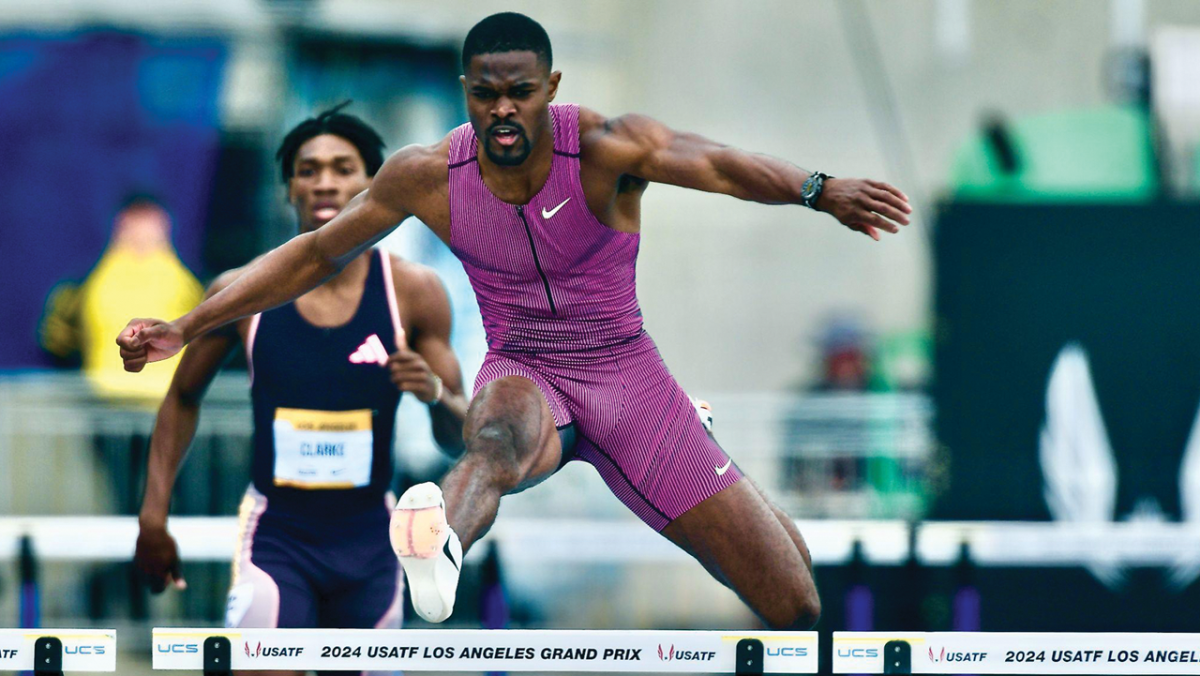 Former USC star Rai Benjamin leads the field and wins 400m hurdles at USATF Grand Prix LA.