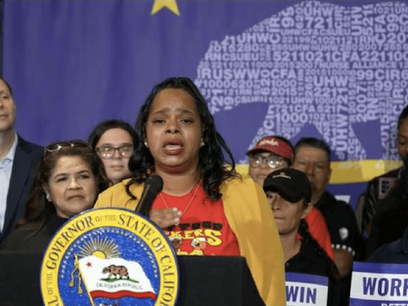 Anneisha Williams gave remarks during a press conference on September 28, 2023, when Governor Gavin Newsom signed into law AB 1228, repealing the FAST Food Accountability and Standards Recovery Act and replacing it with a $20-per-hour minimum wage for fast food workers.