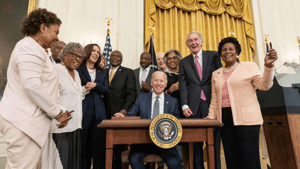 President Joe Biden, joined by Vice President Kamala Harris, lawmakers and guests, signs the Juneteenth National Independence Day Act Bill on Thursday, June 17, 2021, in the East Room of the White House.