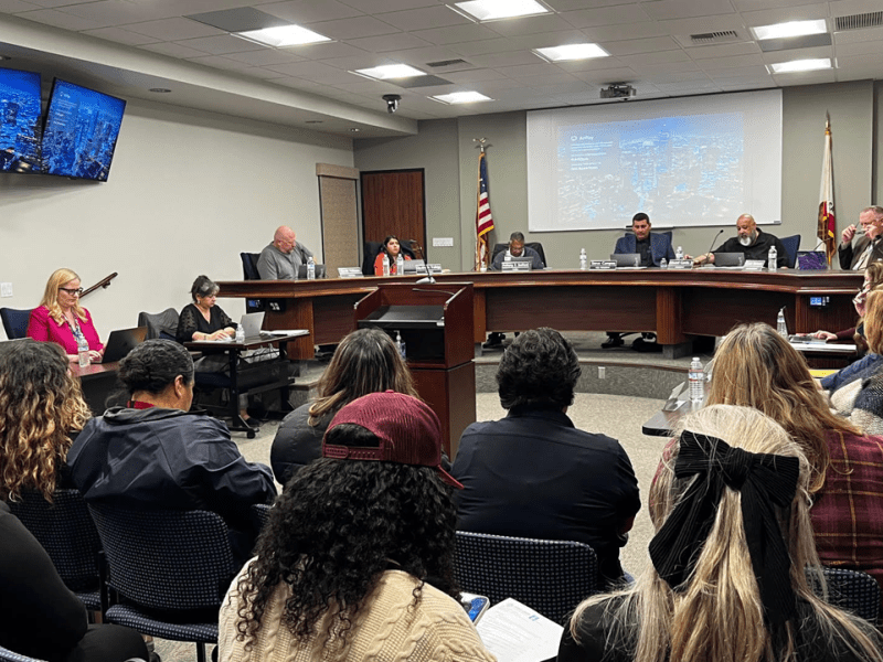 Attendees fill the meeting room as Perris Union High School District holds a special board of trustees meeting on Tuesday, March 5, 2024 in Perris, CA.