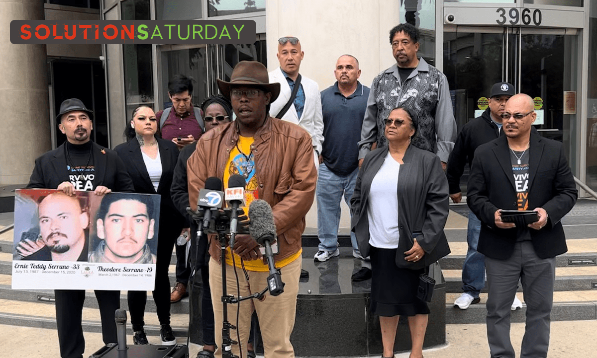 Members of the Decarcerate Inland Region Coalition host a press conference on May 23, 2024 outside Riverside County District Attorney Mike Hestrin’s office to denounce efforts to roll back criminal justice reforms that they say are successfully increasing safety by slashing recidivism rates, increasing services for crime victims, and reducing unemployment and homelessness.