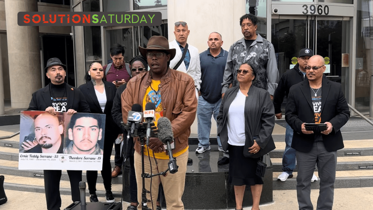 Members of the Decarcerate Inland Region Coalition host a press conference on May 23, 2024 outside Riverside County District Attorney Mike Hestrin’s office to denounce efforts to roll back criminal justice reforms that they say are successfully increasing safety by slashing recidivism rates, increasing services for crime victims, and reducing unemployment and homelessness.