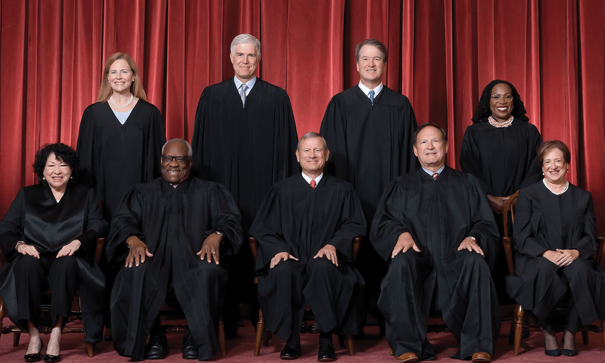 Front row, left to right: Associate Justice Sonia Sotomayor, Associate Justice Clarence Thomas, Chief Justice John G. Roberts, Jr., Associate Justice Samuel A. Alito, Jr., and Associate Justice Elena Kagan; Back row, left to right: Associate Justice Amy Coney Barrett, Associate Justice Neil M. Gorsuch, Associate Justice Brett M. Kavanaugh, and Associate Justice Ketanji Brown Jackson.