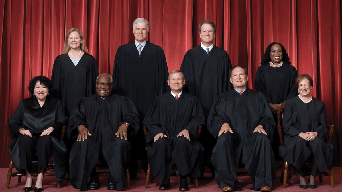 Front row, left to right: Associate Justice Sonia Sotomayor, Associate Justice Clarence Thomas, Chief Justice John G. Roberts, Jr., Associate Justice Samuel A. Alito, Jr., and Associate Justice Elena Kagan; Back row, left to right: Associate Justice Amy Coney Barrett, Associate Justice Neil M. Gorsuch, Associate Justice Brett M. Kavanaugh, and Associate Justice Ketanji Brown Jackson.