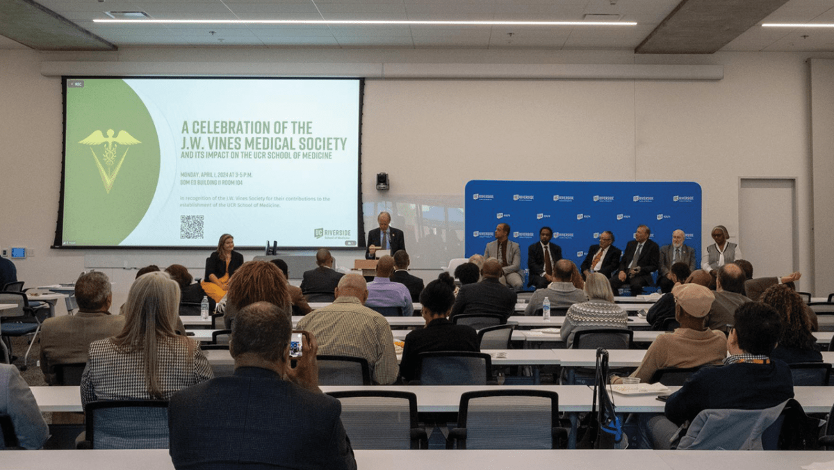 The University of California, Riverside (UCR) School of Medicine hosted an event and panel conversation in celebration of the J.W. Vines Medical Society and their impact on the School of Medicine on April 1, 2024 in Riverside, CA. The panel featured donors, former and current professors and past J.W. Vines Medical Society Presidents Dr. Ernest Levister Jr. and Dr. Ancel Rogers.