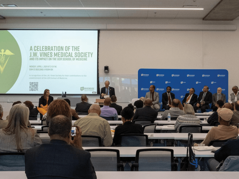 The University of California, Riverside (UCR) School of Medicine hosted an event and panel conversation in celebration of the J.W. Vines Medical Society and their impact on the School of Medicine on April 1, 2024 in Riverside, CA. The panel featured donors, former and current professors and past J.W. Vines Medical Society Presidents Dr. Ernest Levister Jr. and Dr. Ancel Rogers.